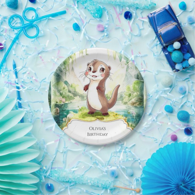 Kids Watercolor Otter Birthday Paper Plate (Party)