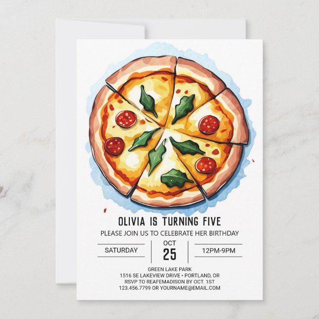 Kids Watercolor Pizza Birthday Invitation (Front)