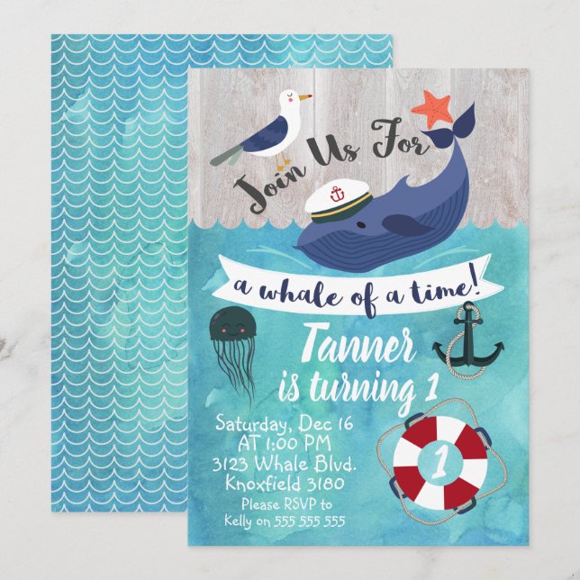 Kids Whale Watercolor Birthday Invitation (Front/Back)
