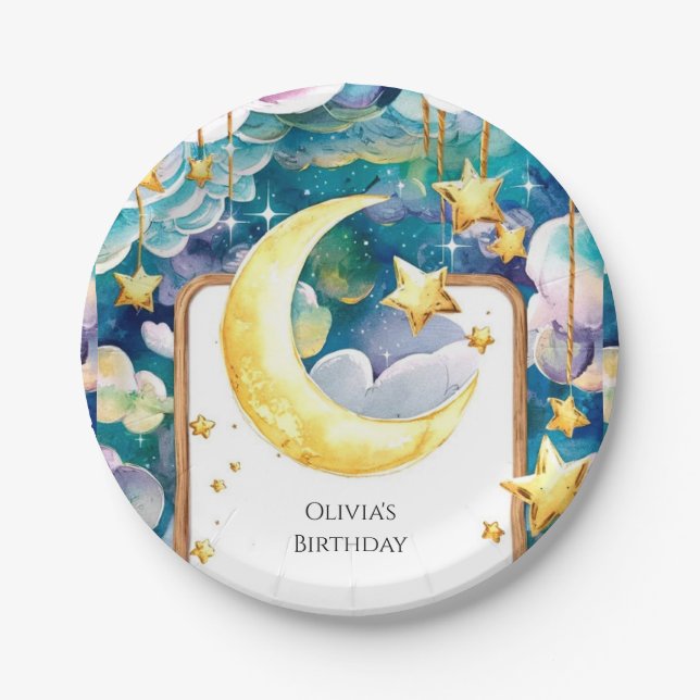 Kids Whimsical Moon Birthday Paper Plate (Front)