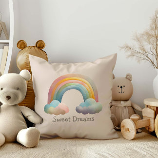 Kids Whimsical Pastel Rainbow in Clouds Throw Pillow