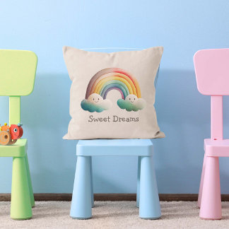 Kids Whimsical Pastel Rainbow in Clouds Throw Pillow
