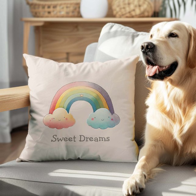 Kids Whimsical Pastel Rainbow in Clouds Throw Pillow (Creator Uploaded)