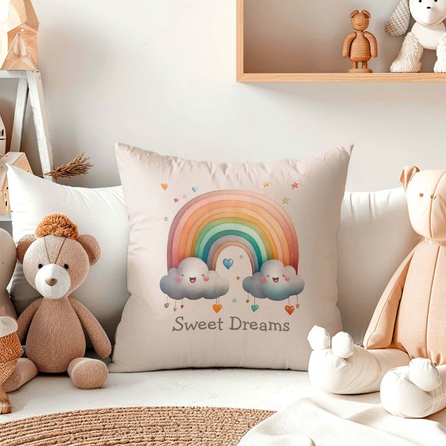 Kids Whimsical Pastel Rainbow in Clouds Throw Pillow (Creator Uploaded)