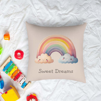 Kids Whimsical Pastel Rainbow in Clouds Throw Pillow