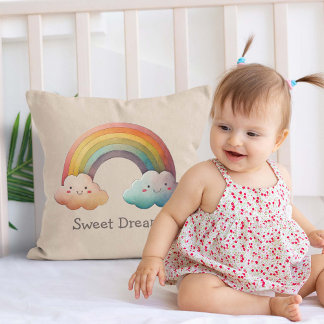 Kids Whimsical Pastel Rainbow in Clouds Throw Pillow