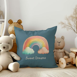 Kids Whimsical Pastel Rainbow in Clouds Throw Pillow