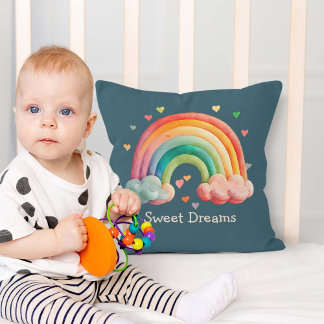 Kids Whimsical Pastel Rainbow in Clouds Throw Pillow