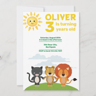Kids Wild Cute Animals 3rd Birthday Invitation