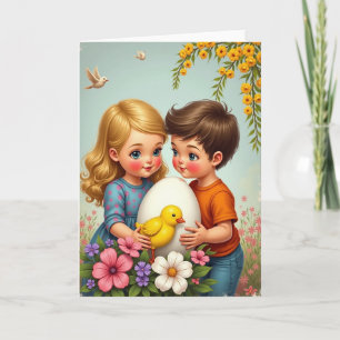 Kids With Egg Springtime Scene Card