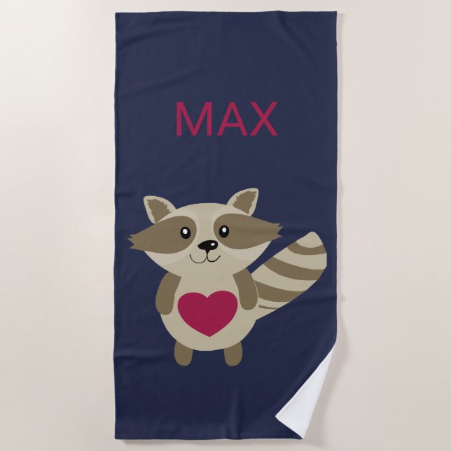 Kids Woodland Raccoon Adorable Personalized Animal Beach Towel (Front)