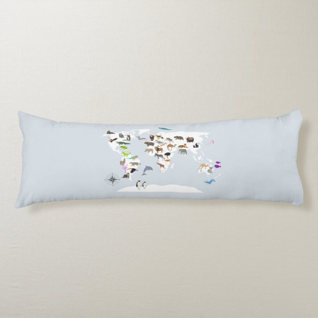 Kids World Map Animals Body Pillow (Front)