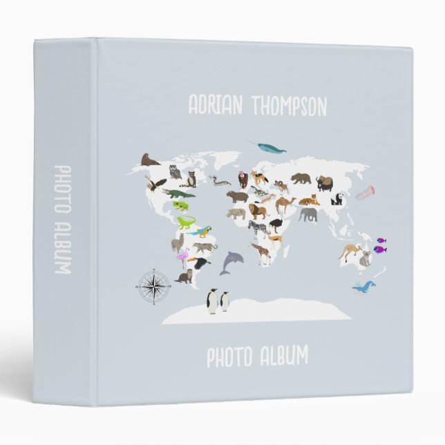 Kids World Map Animals Children's Photo Album Binder (Front/Spine)