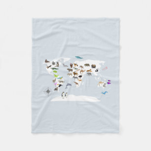Kids World Map Animals Fleece Blanket