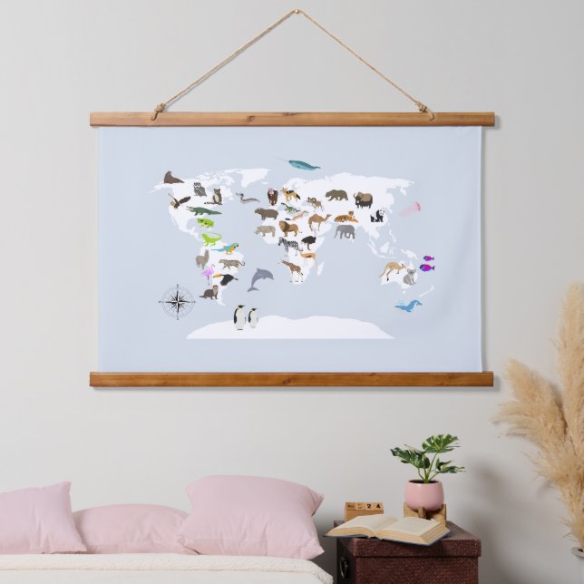 Kids World Map Animals Hanging Tapestry (Bedroom)