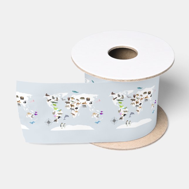 Kids World Map Animals Satin Ribbon (Spool)