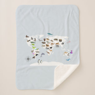 Kids World Map Animals Sherpa Blanket