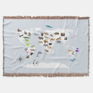 Kids World Map Animals Throw Blanket