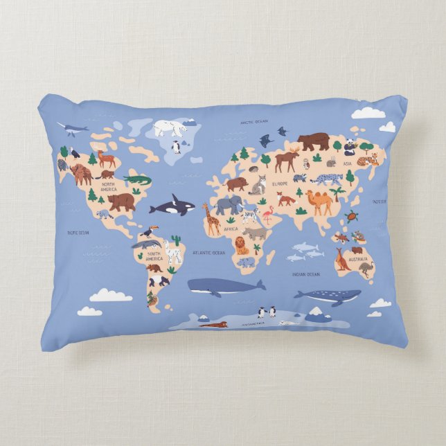 Kids World map Cute Whimsical Modern Accent Pillow (Front)