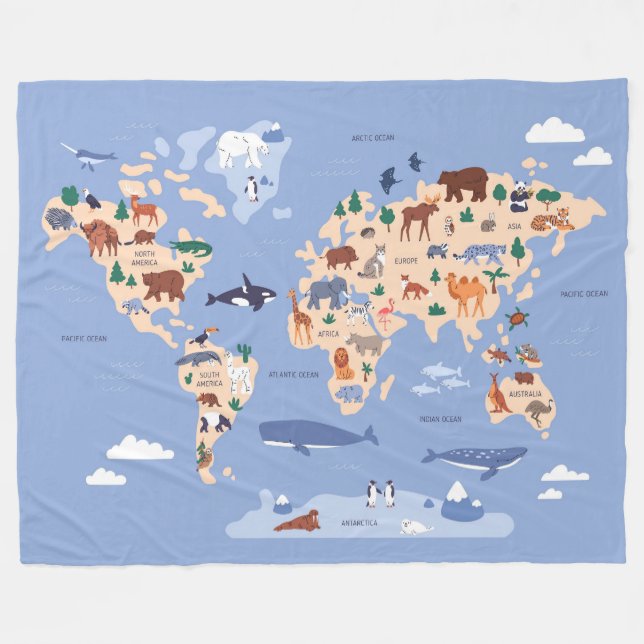Kids World map Cute Whimsical Modern Fleece Blanket (Front (Horizontal))
