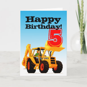 Kids Yellow Digger 5th Birthday Card