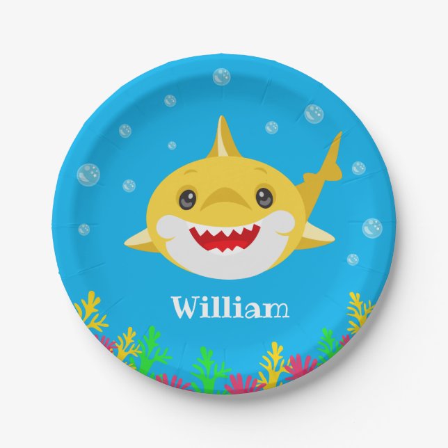 Kids Yellow Shark Personalized Birthday Paper Plate (Front)
