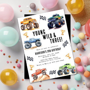 Kids Young Wild And Three Monster Trucks Invitation