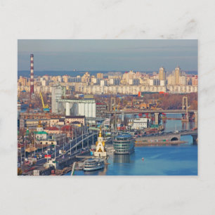 Kiev bussines and industry city landscape on river postcard