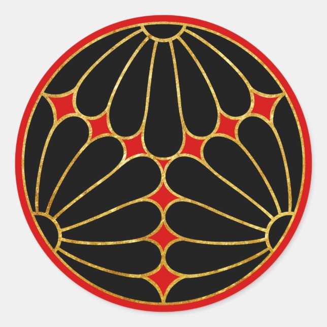 Kiku Chrysanthemum Mon faux gold black on red Classic Round Sticker (Front)