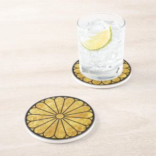 Kiku Chrysanthemum Mon in faux gold on black Coaster