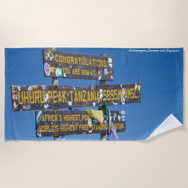 Kilimanjaro Summit and Signpost Beach Towel (Front)