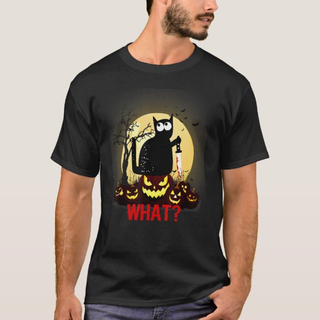 Killer Halloween Scary Moon Black Cat With Knife P T-Shirt (Front)