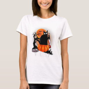 Killer Halloween Scary Moon Black Cat With Knife P T-Shirt