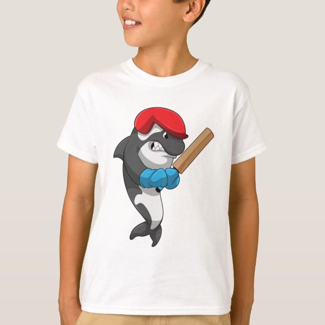 Killer whale at Cricket with Cricket bat T-Shirt (Front)