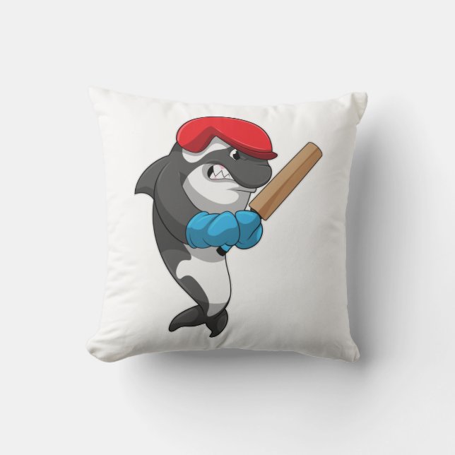 Killer whale at Cricket with Cricket bat Throw Pillow (Front)