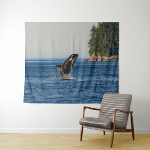 Killer Whale Breaching out of Ocean Water Tapestry