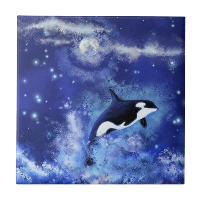 Killer Whale on Blue Full Moon Ceramic Tile (Front)