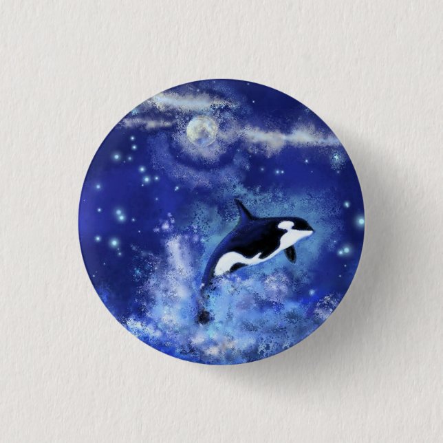Killer Whale on Full Moon - Art Drawing 1 Inch Round Button (Front)