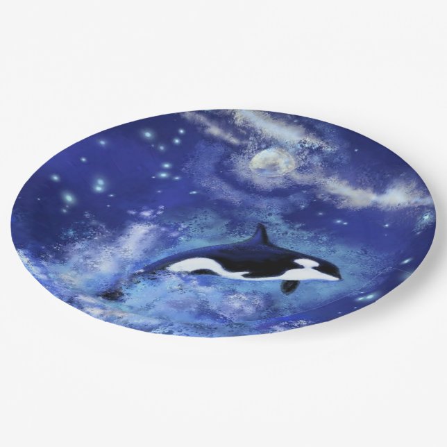Killer Whale on Full Moon - Art Drawing - Blue Paper Plate (Angled)