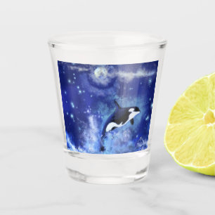 Killer Whale on Full Moon - Art Drawing - Blue Shot Glass
