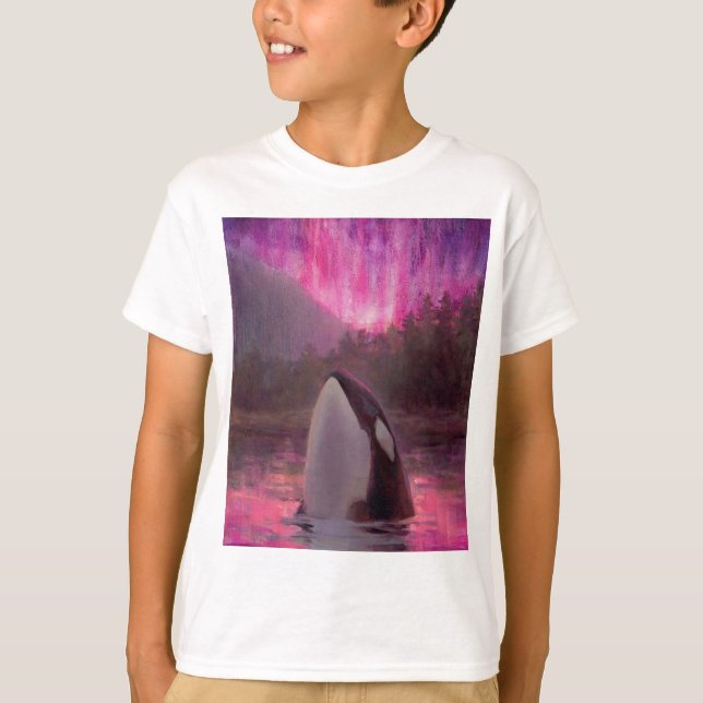 Killer Whale Orca and Pink/Magenta Northern Lights T-Shirt (Front)
