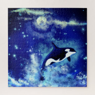Killer Whale Swimming on Full Moon - Beautiful Jigsaw Puzzle