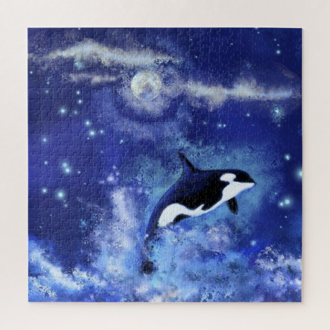 Killer Whale Swimming on Full Moon Puzzle Painting (Vertical)