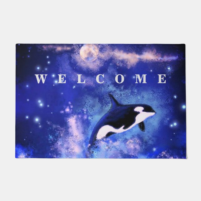 Killer Whales Blue Full Moon Doormat Welcome (Front)