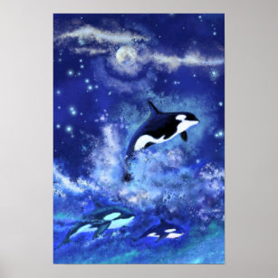 Killer Whales on Blue Full Moon Poster Painting