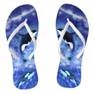 Killer Whales on Full Moon - Art Drawing - Blue Flip Flops