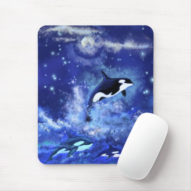 Killer Whales on Full Moon - Art Drawing - Blue Mouse Pad (With Mouse)