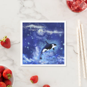 Killer Whales on Full Moon - Art Drawing - Blue Napkin