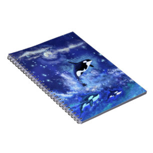 Killer Whales on Full Moon - Art Drawing - Blue Notebook