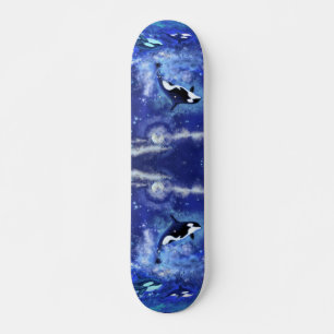 Killer Whales on Full Moon - Art Drawing Blue Skateboard